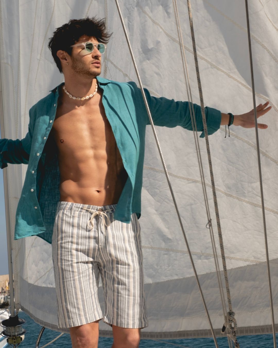 Men's Pale Blue Striped Linen Chino Shorts Slim Fit