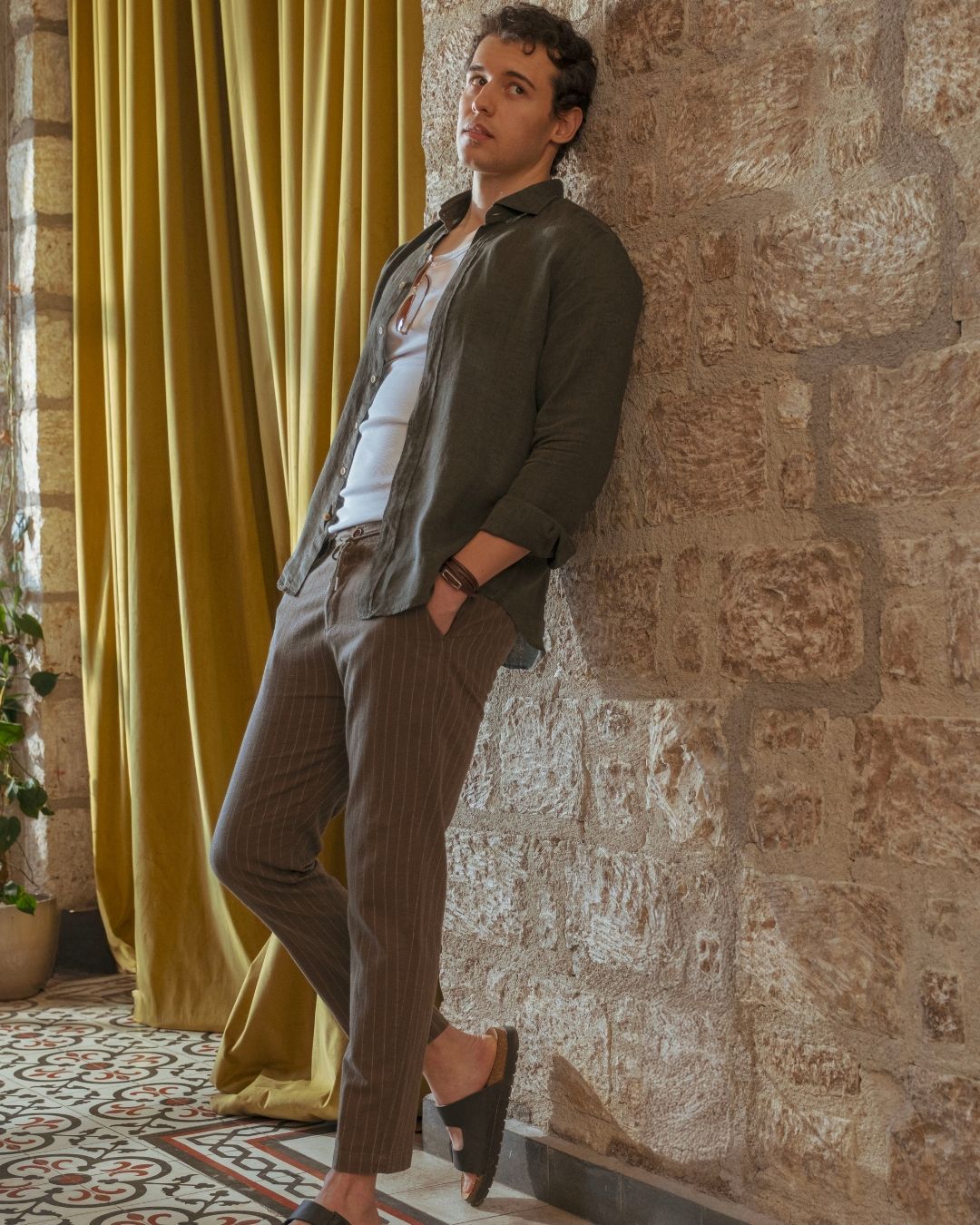 Khaki Green Striped Tapered Mens Linen Trousers Pants Slim Fit