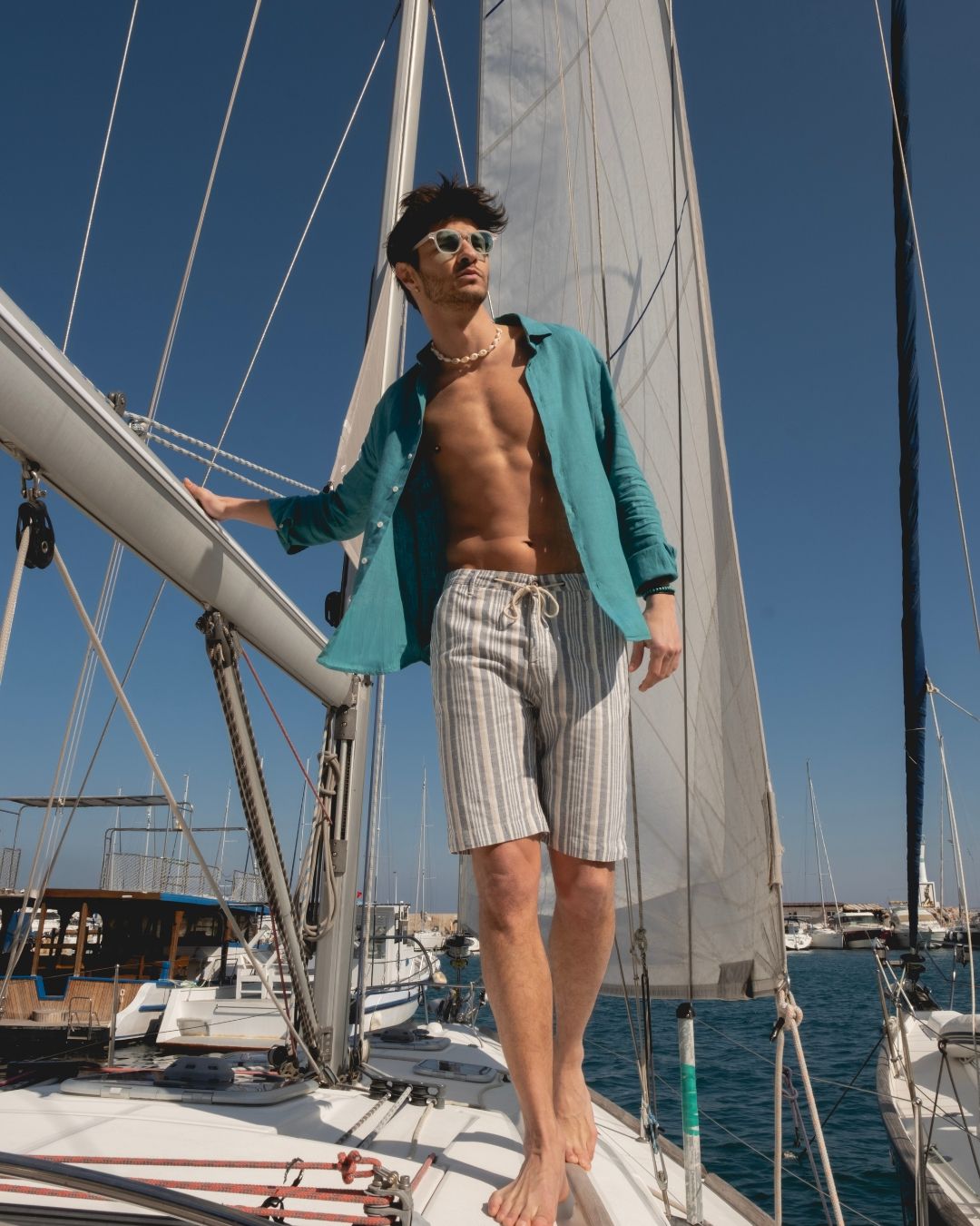 Men's Pale Blue Striped Linen Chino Shorts Slim Fit