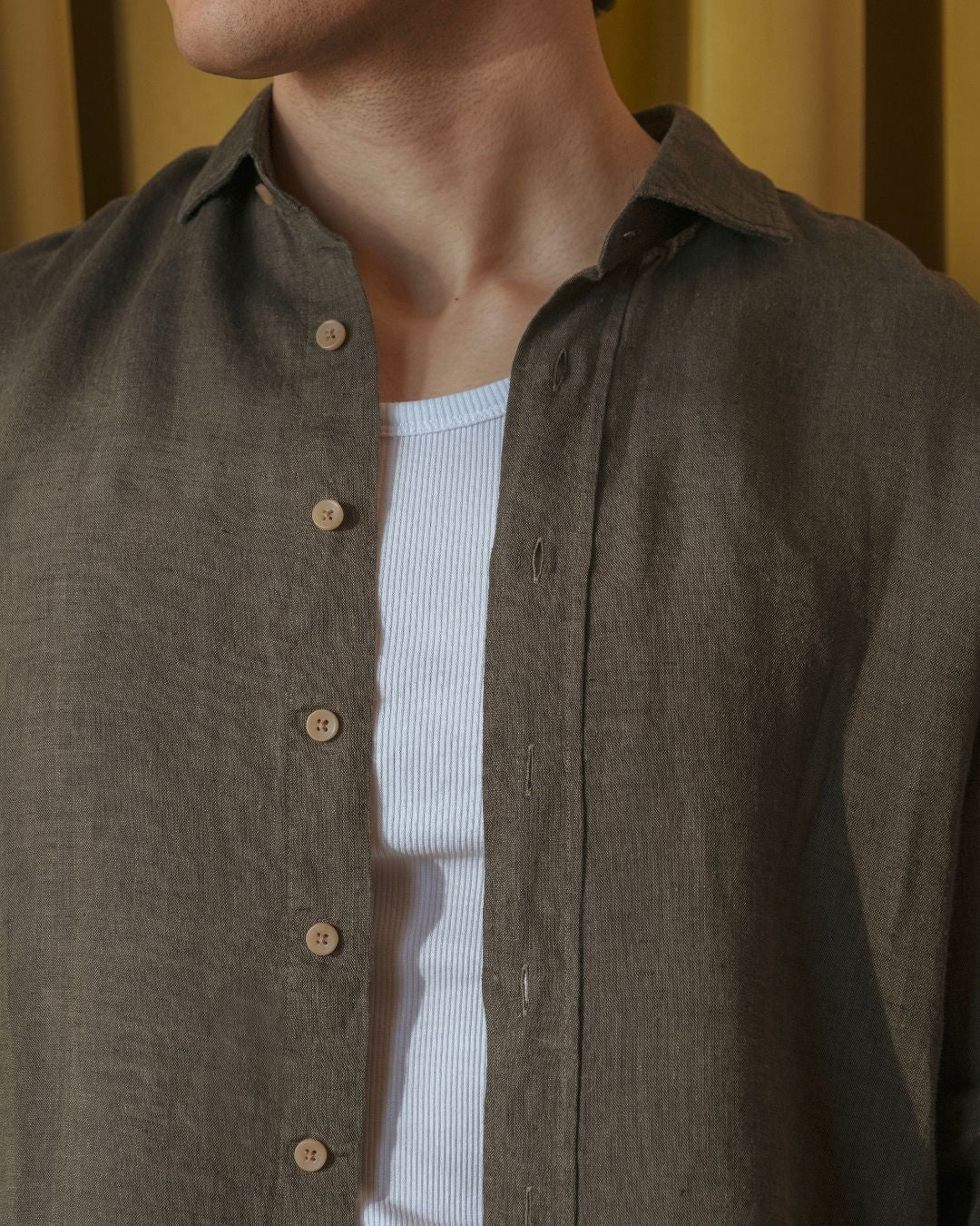 Men's Khaki Green Linen Shirt