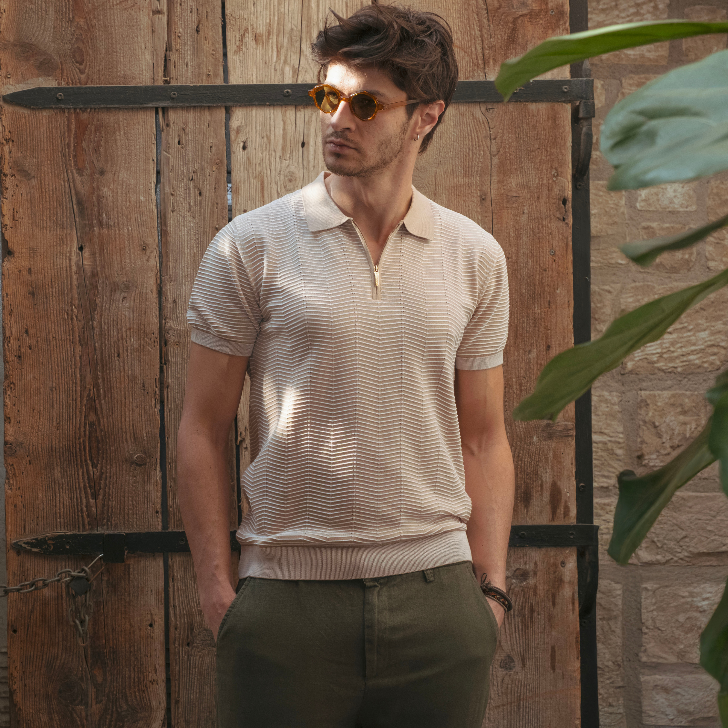 Beige Stripes Men's Polo Knit T-Shirt Slim Fit