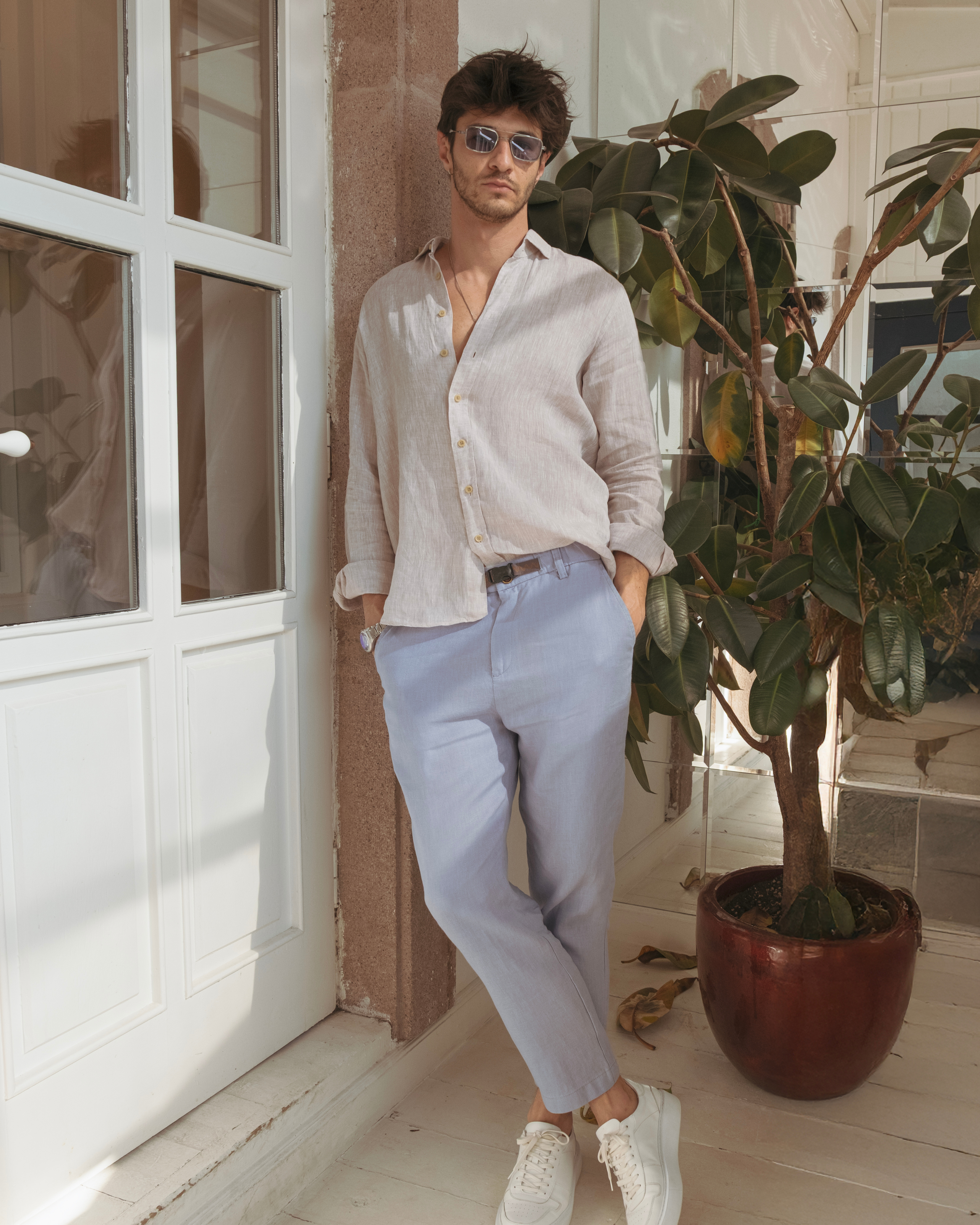 Mens Indigo Blue 100 Linen Pants Relaxed Fit