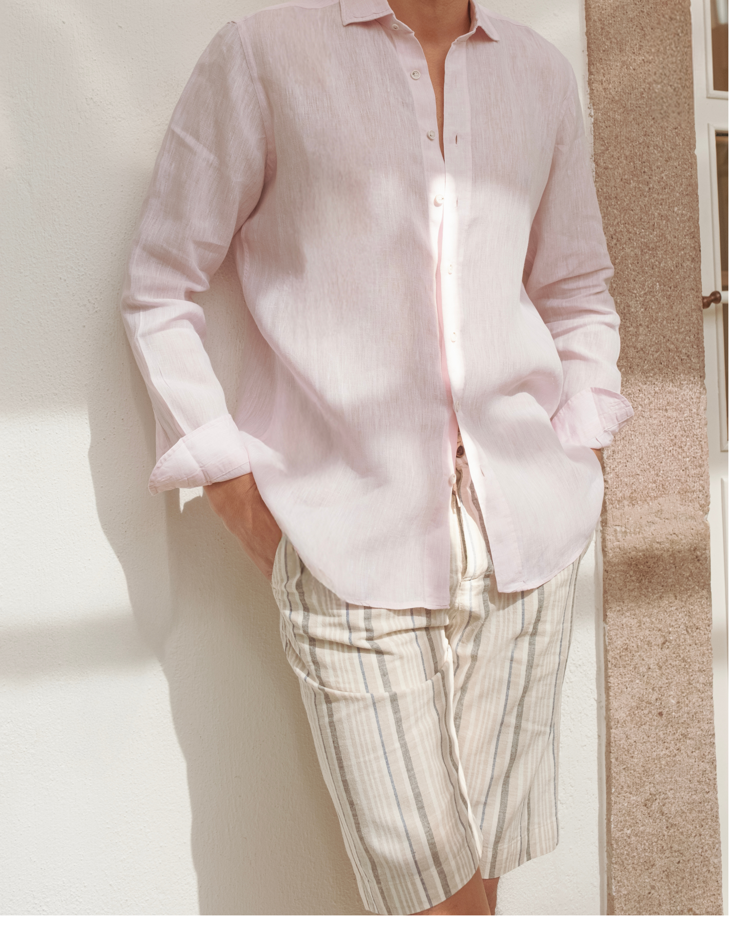 Men's Pale Beige Striped Linen Chino Shorts Slim Fit