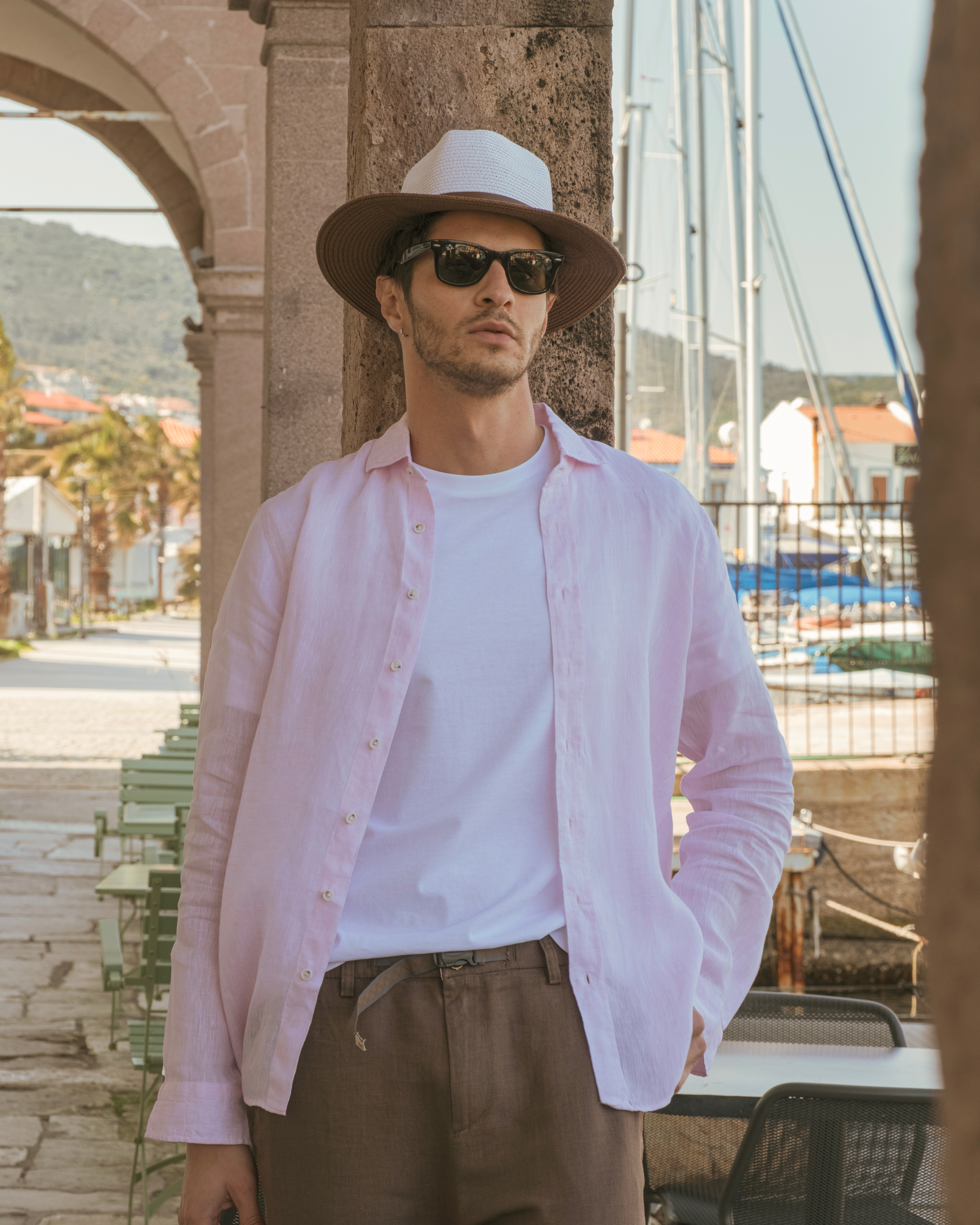 Mocha Mousse Brown Relaxed Fit Linen Pants Belt Detail