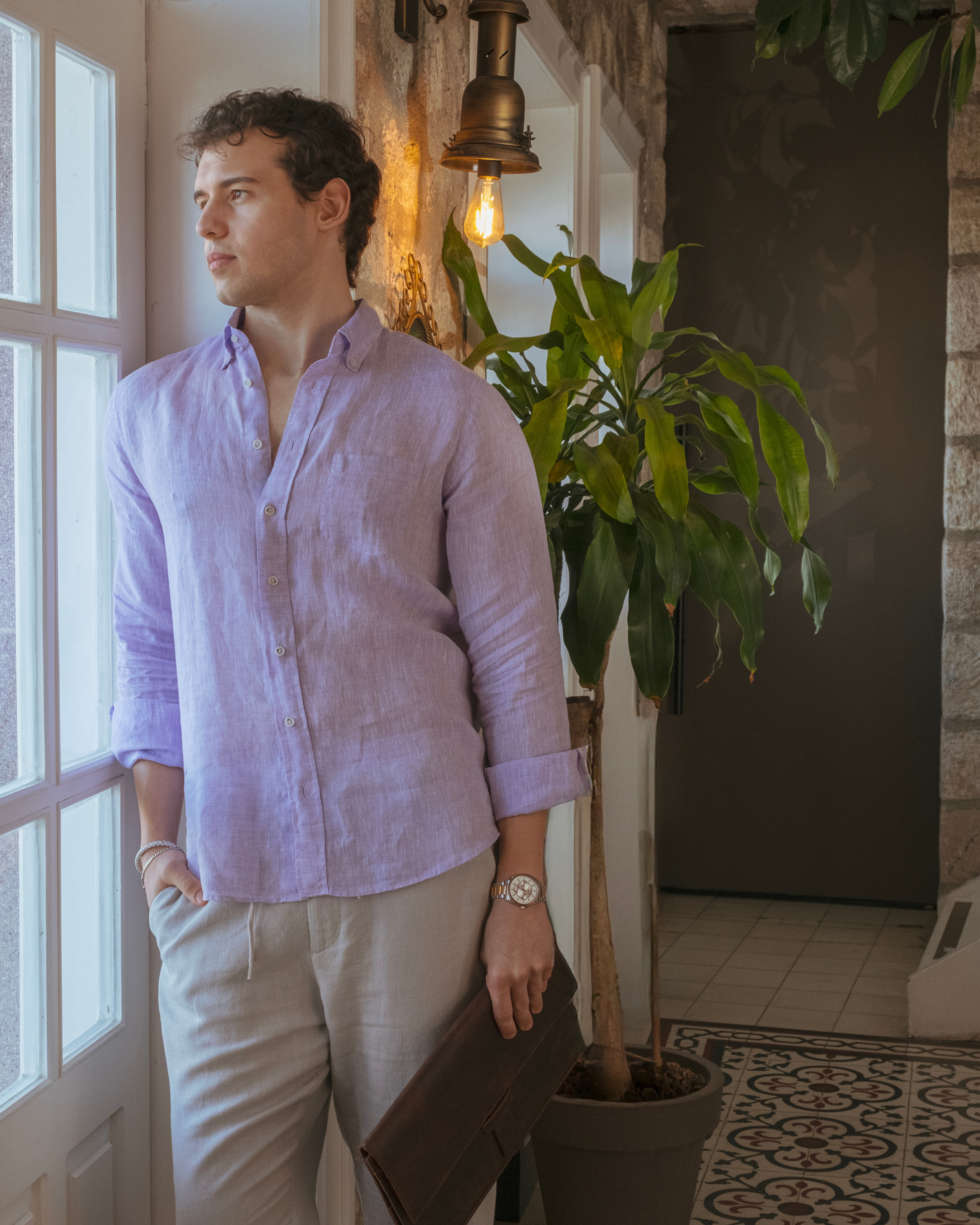 Light Gray Relaxed Fit Linen Pants – Drawstring Waist