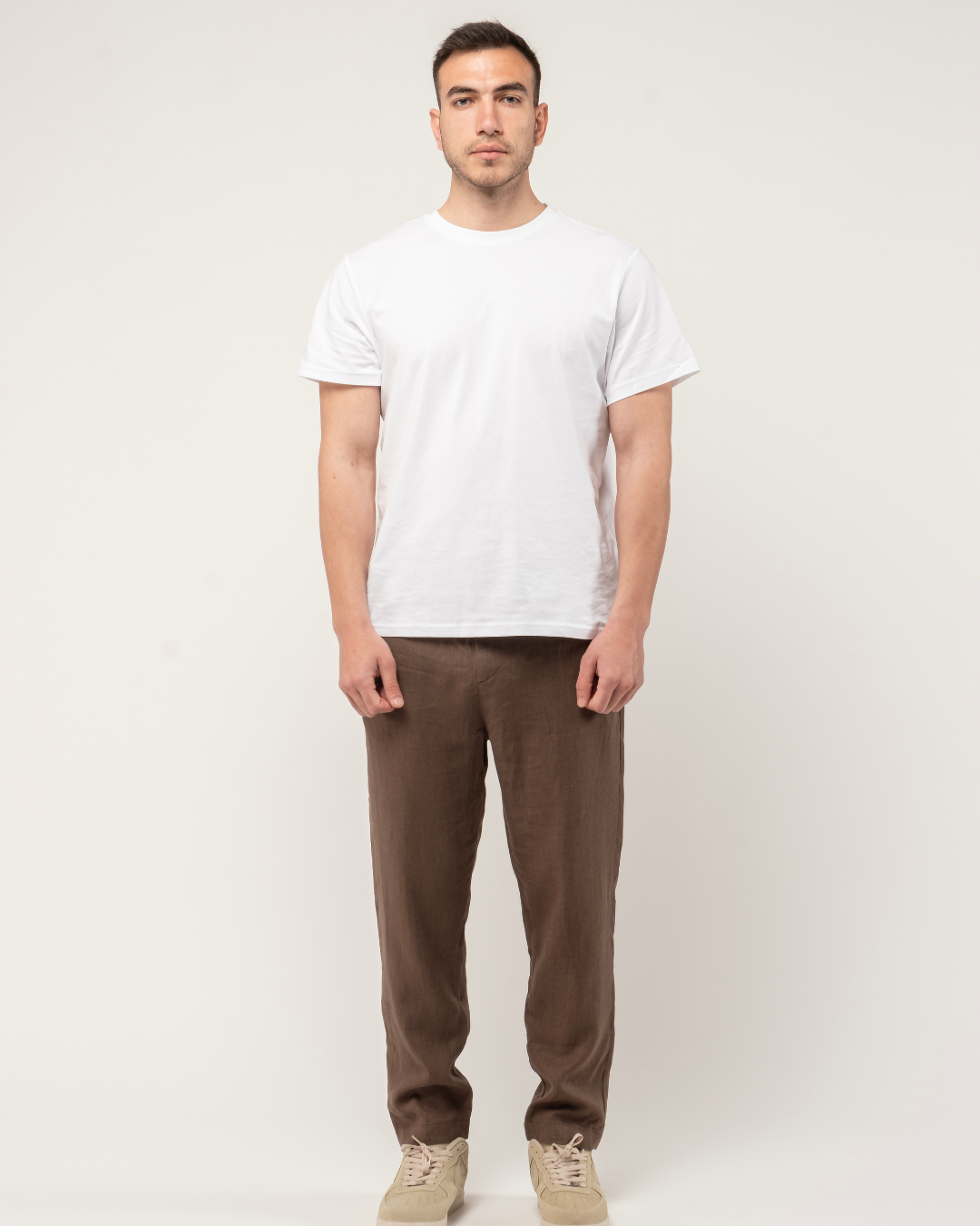 Mocha Mousse Brown Relaxed Fit Linen Pants Belt Detail