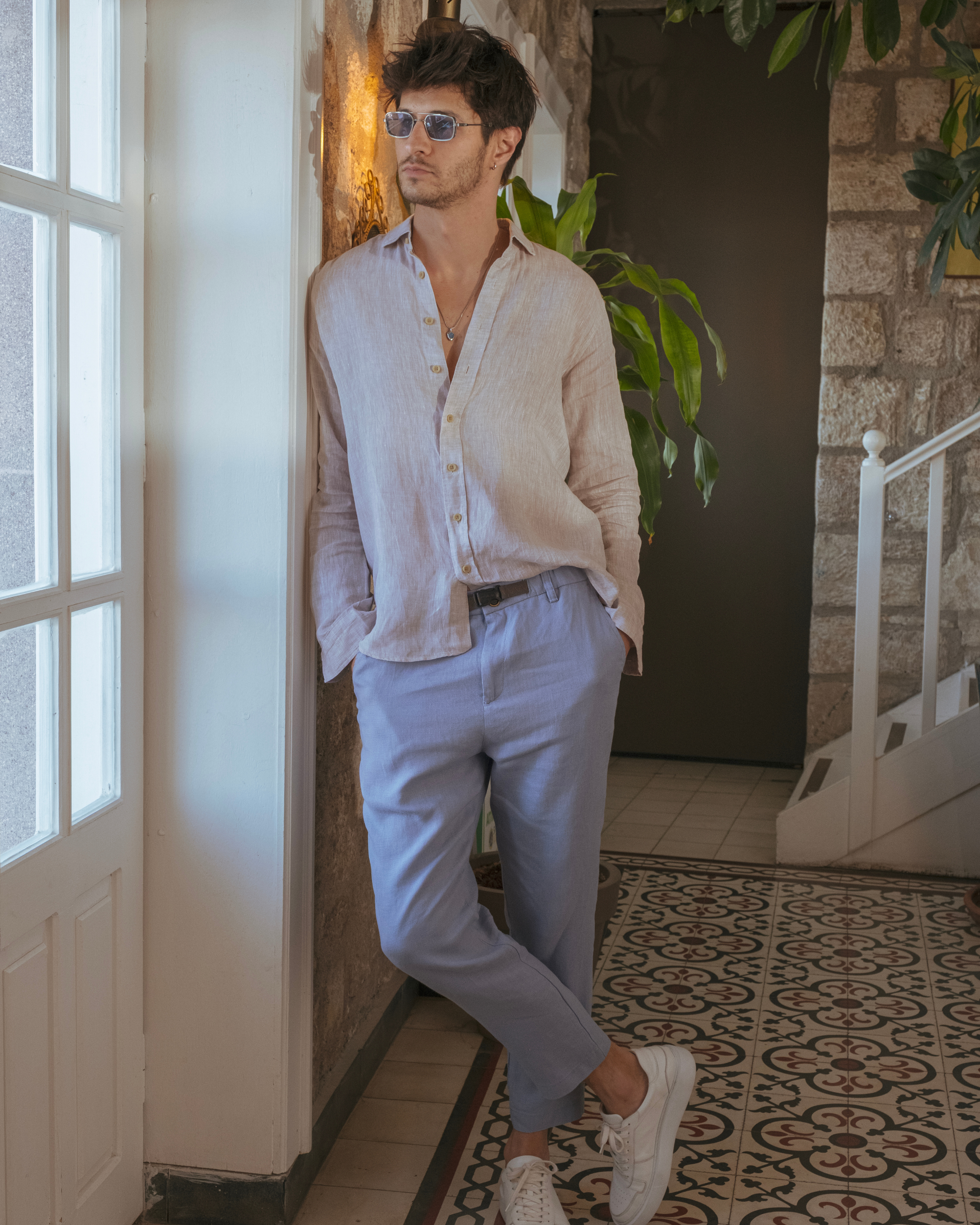 Mens Indigo Blue 100 Linen Pants Relaxed Fit