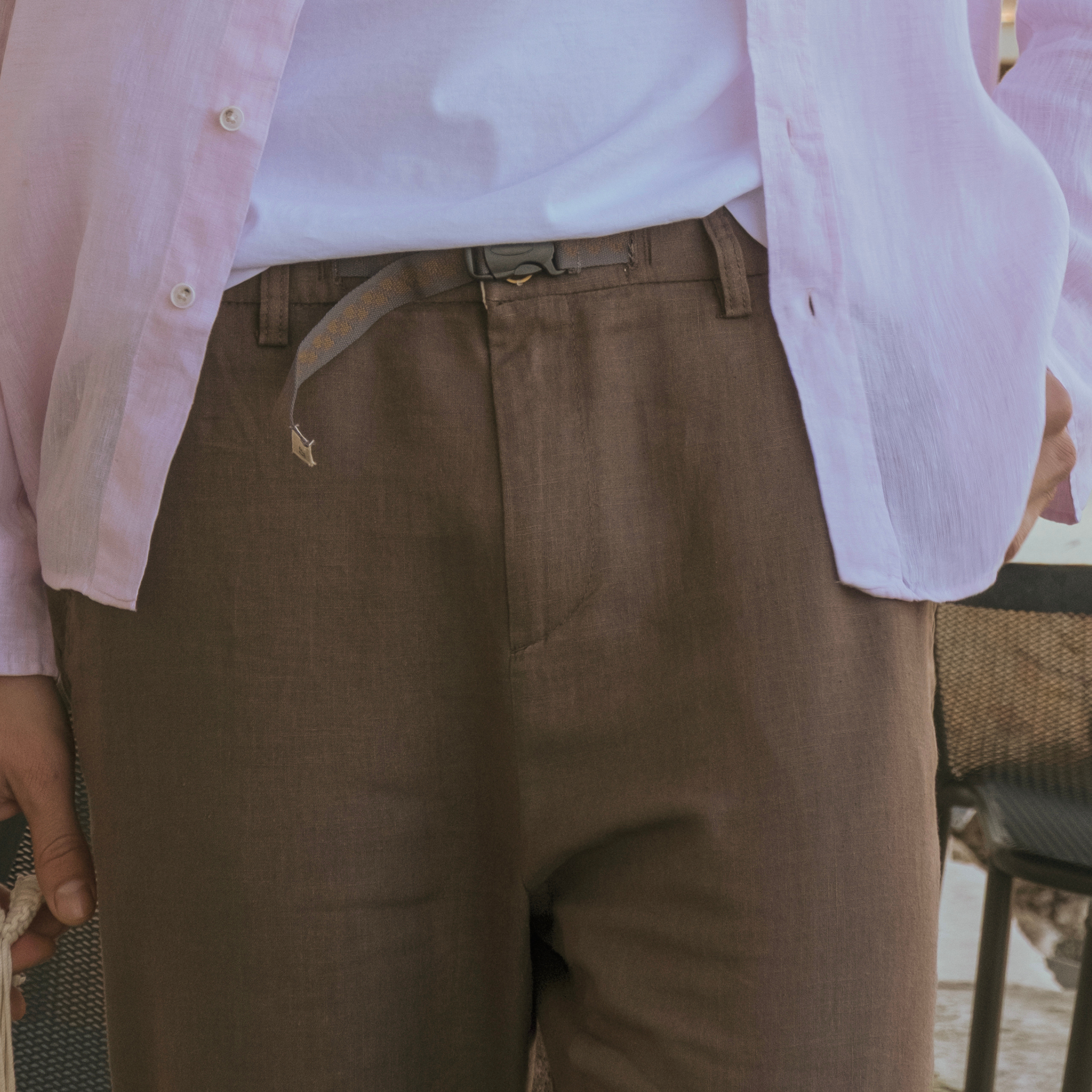 Mocha Mousse Brown Relaxed Fit Linen Pants Belt Detail
