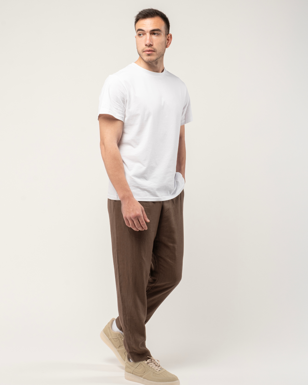 Mocha Mousse Brown Relaxed Fit Linen Pants Belt Detail