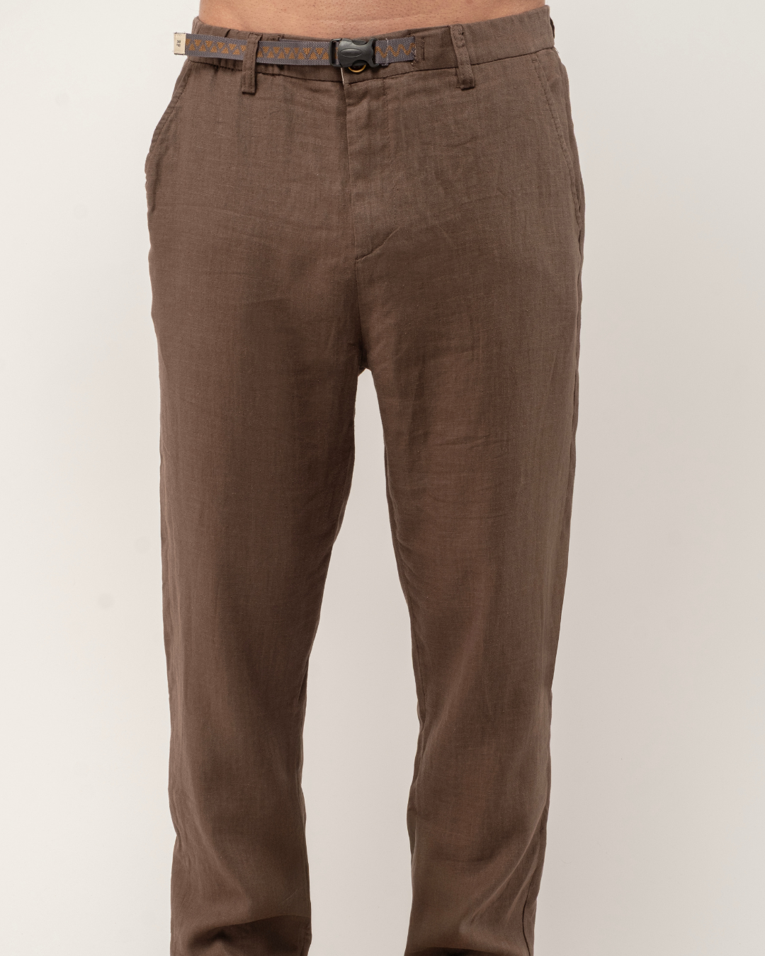 Mocha Mousse Brown Relaxed Fit Linen Pants Belt Detail