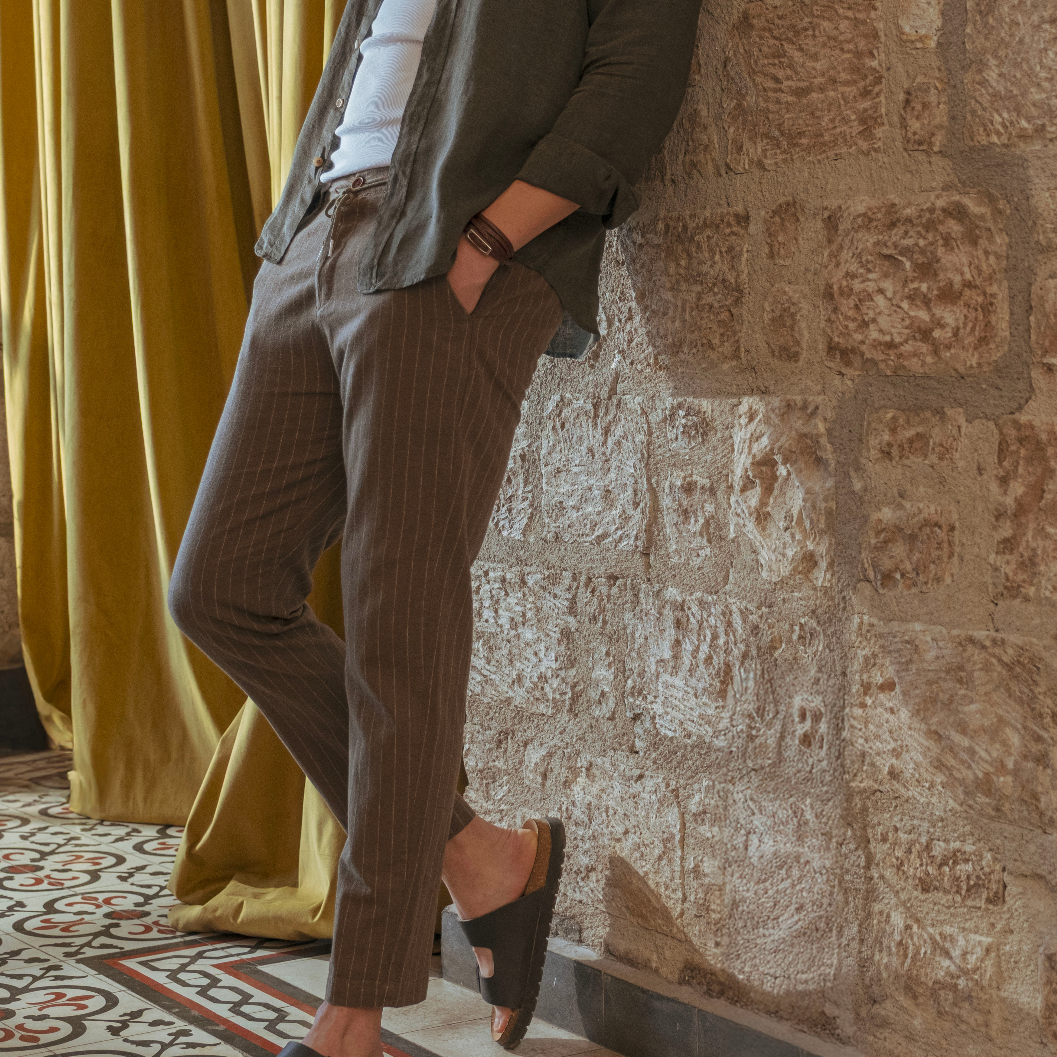 Khaki Green Striped Tapered Mens Linen Trousers Pants Slim Fit