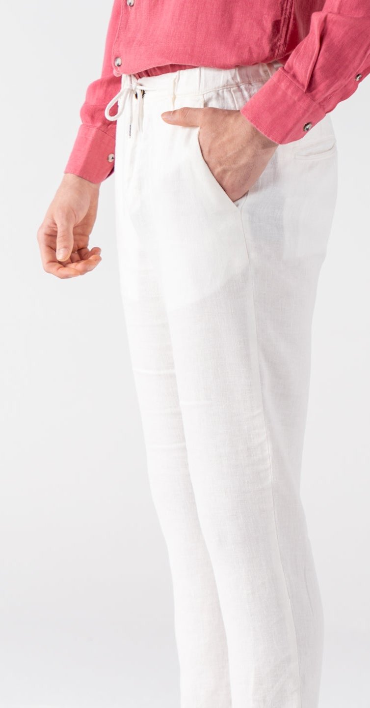 White Mens 100 Linen Beach Tapered Pants Trousers Slim Fit