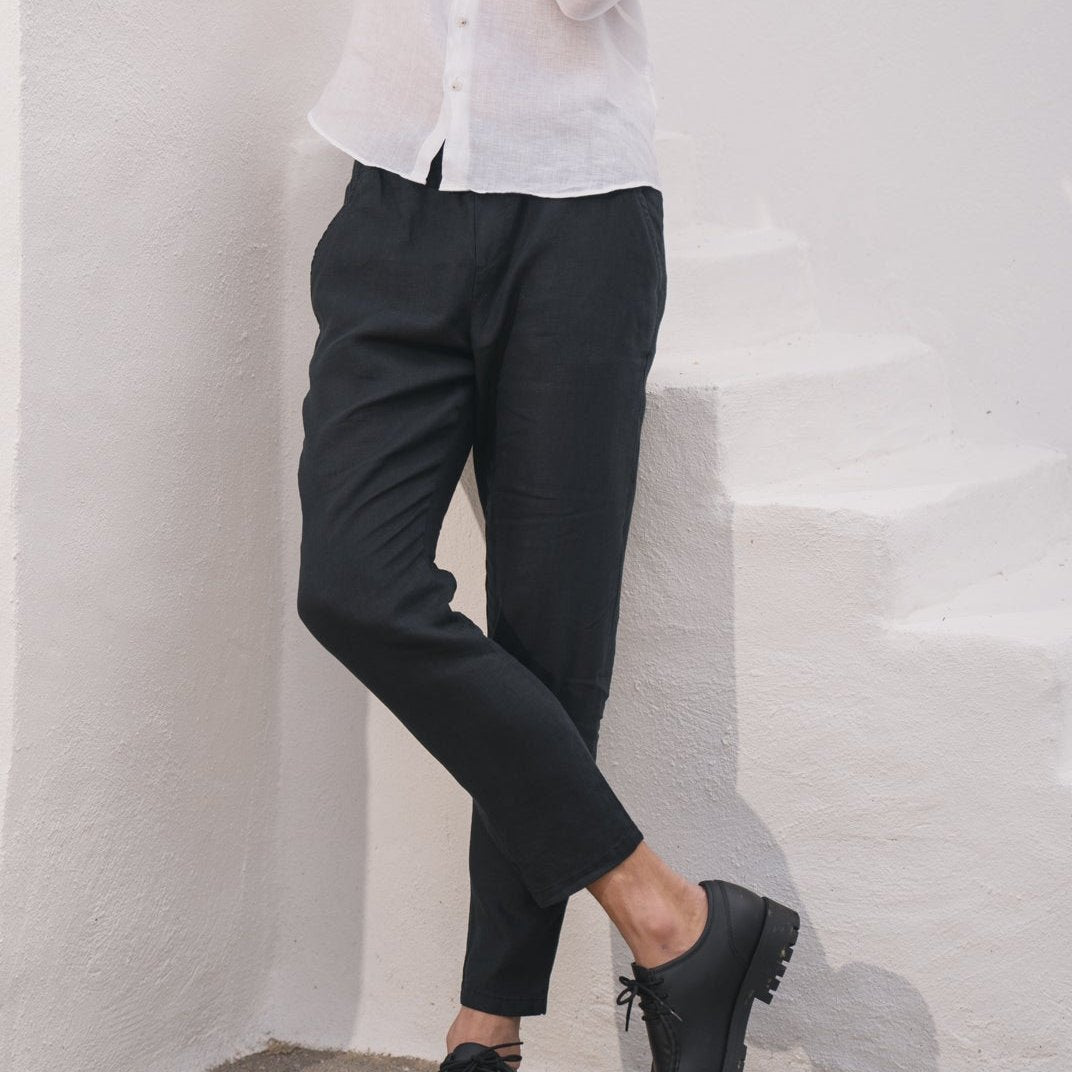 Mens Black 100 Linen Pants Relaxed Fit