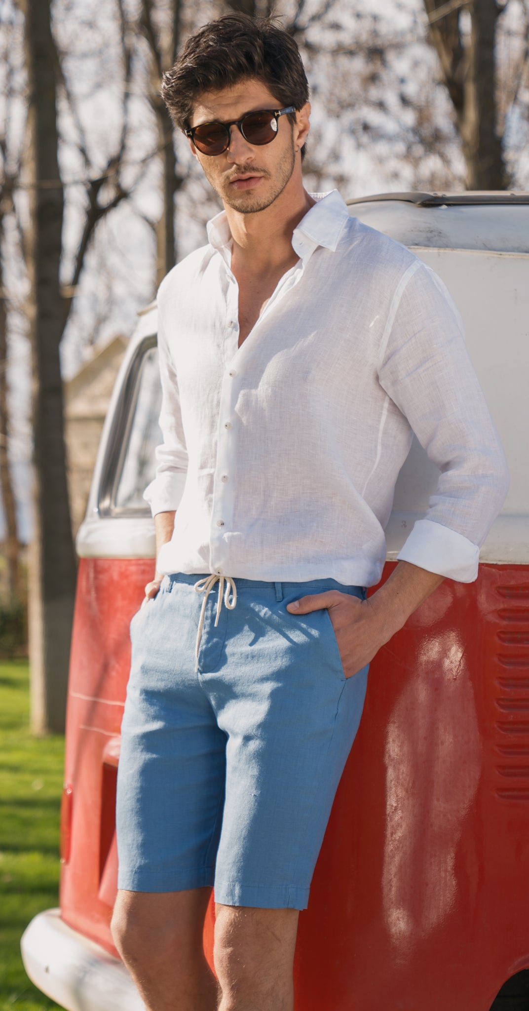 Men's Indigo Blue Linen Chino Shorts Slim Fit