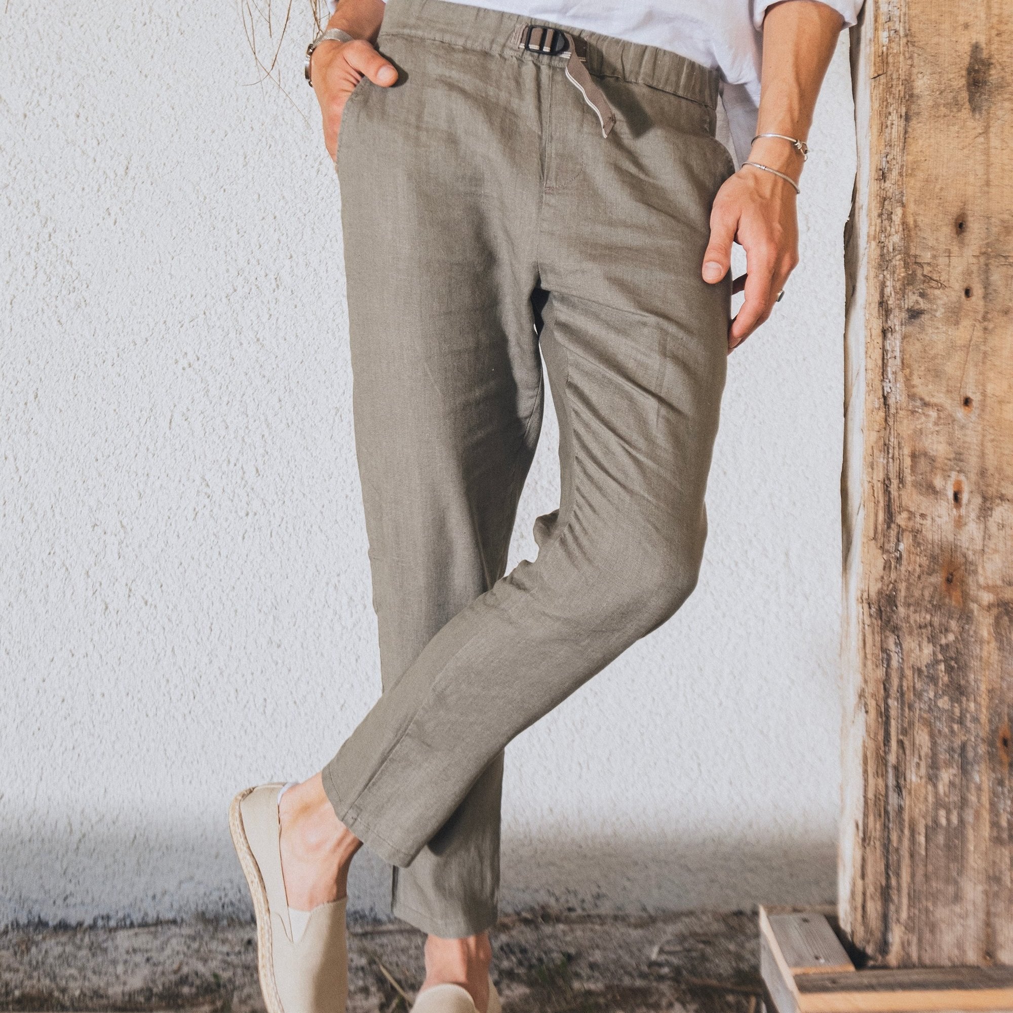Mens Dark Olive Green 100 Linen Pants Tapered Relaxed Fit