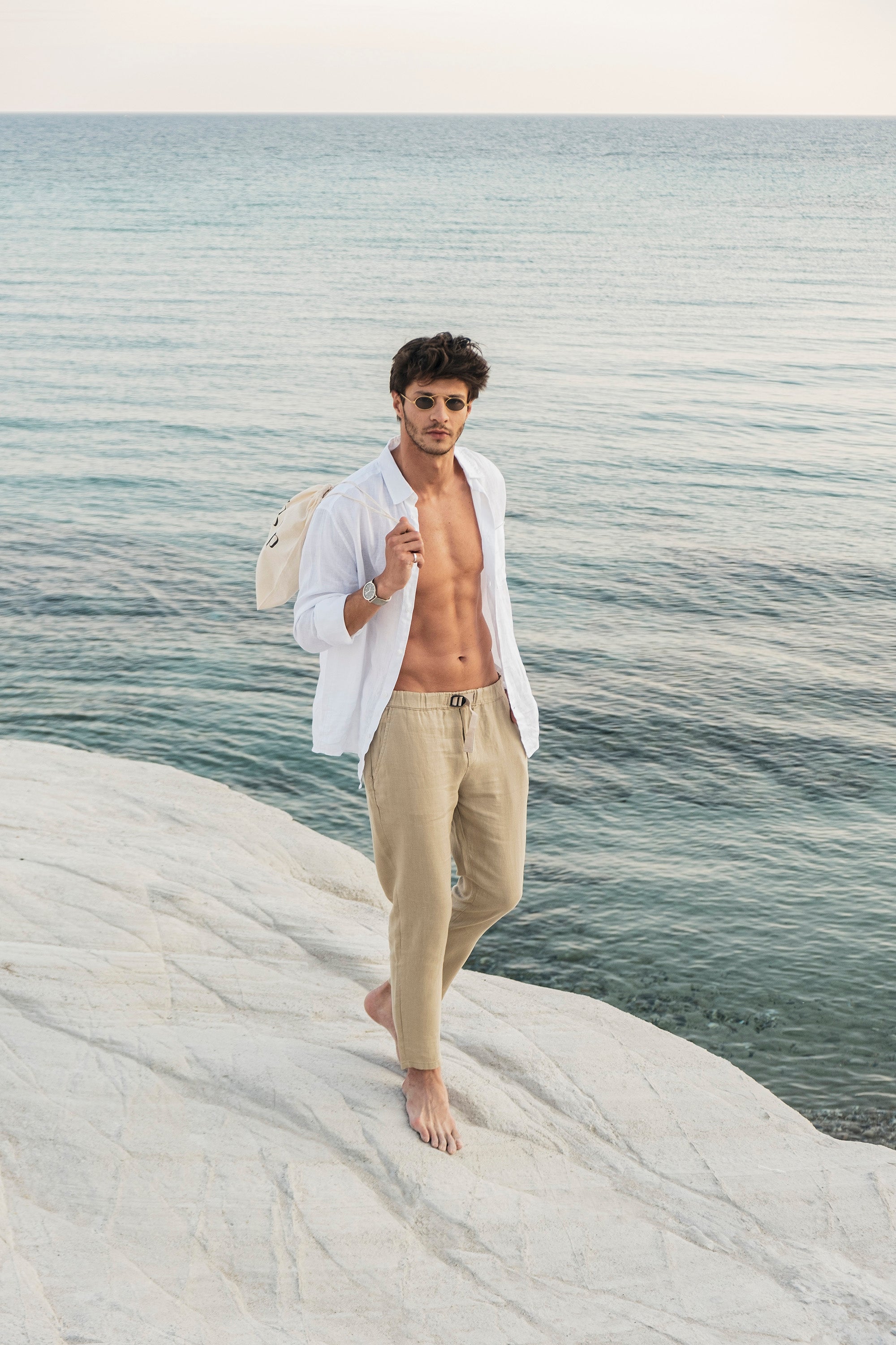 Beige Tan Mens 100 Linen Tapered Khaki Tapered Pants