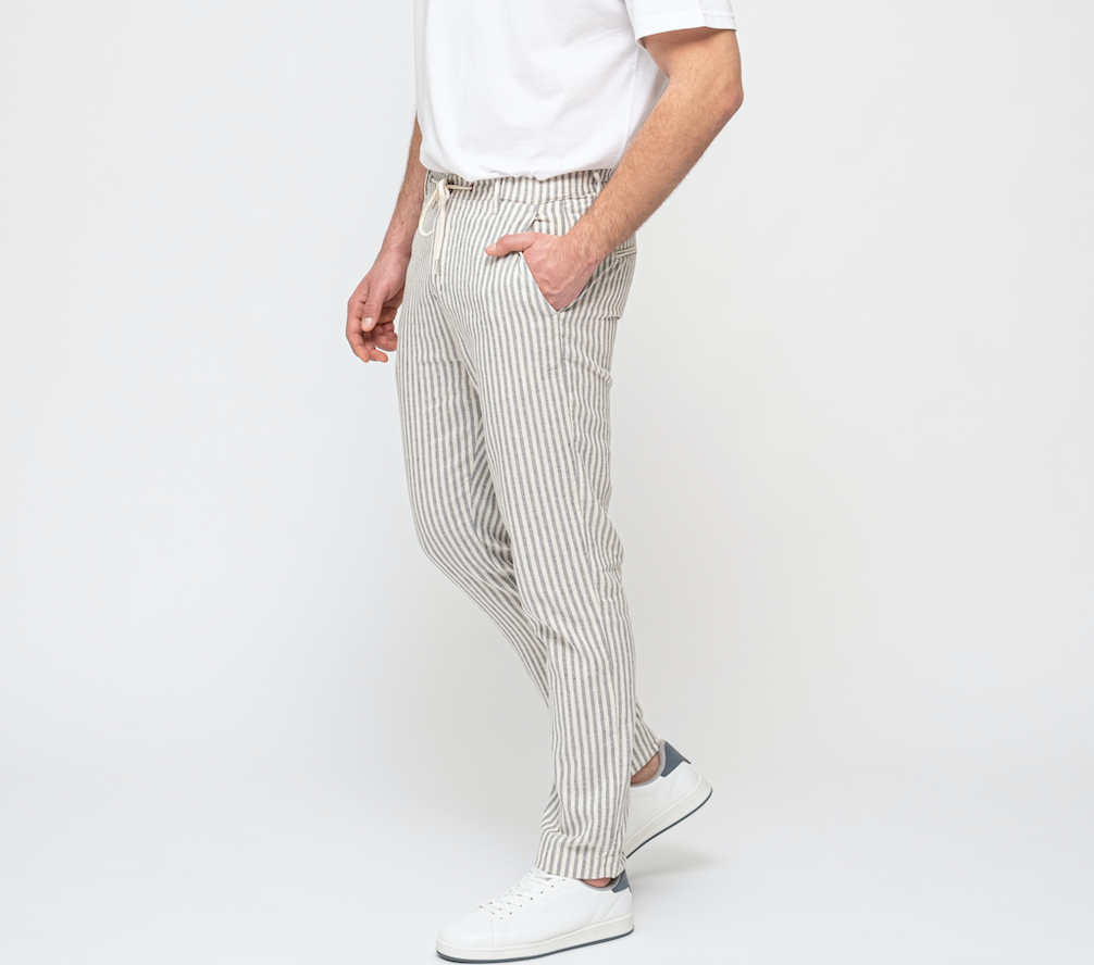 Blue Striped Mens Tapered Linen Pants Trousers Relaxed Fit