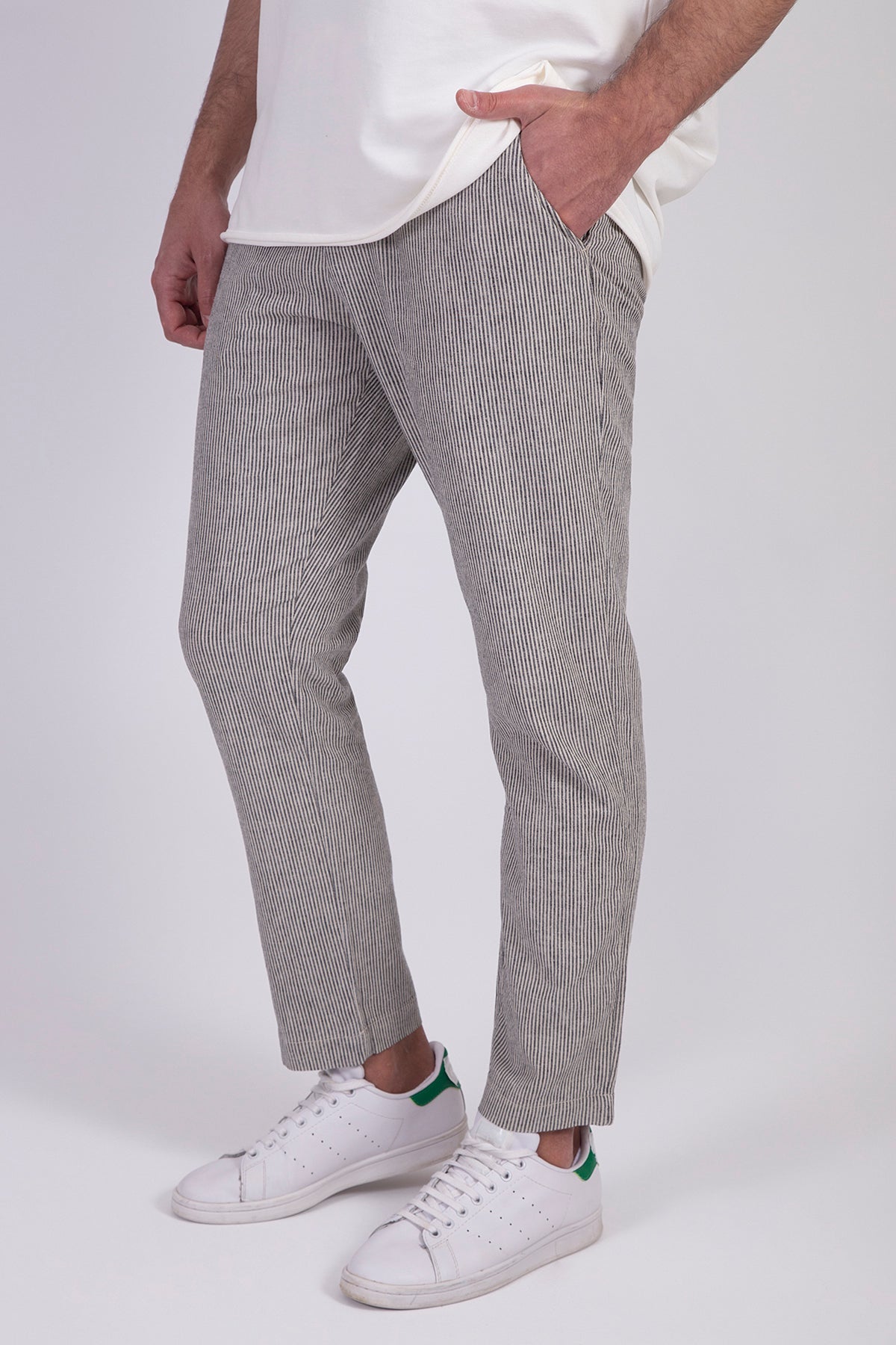 Black Pinstriped Mens Linen Pants Trousers Relaxed Fit