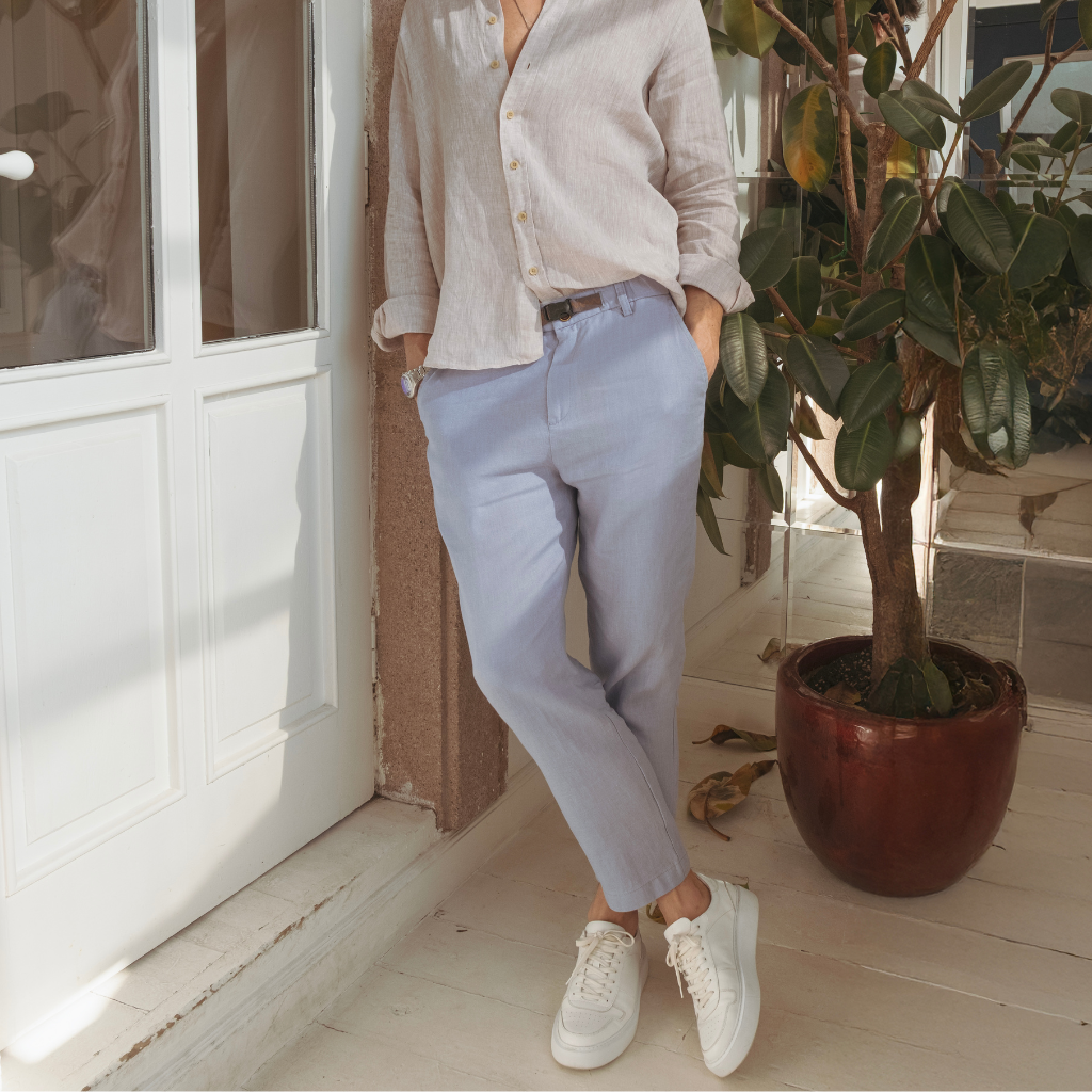 Mens Indigo Blue 100 Linen Pants Relaxed Fit