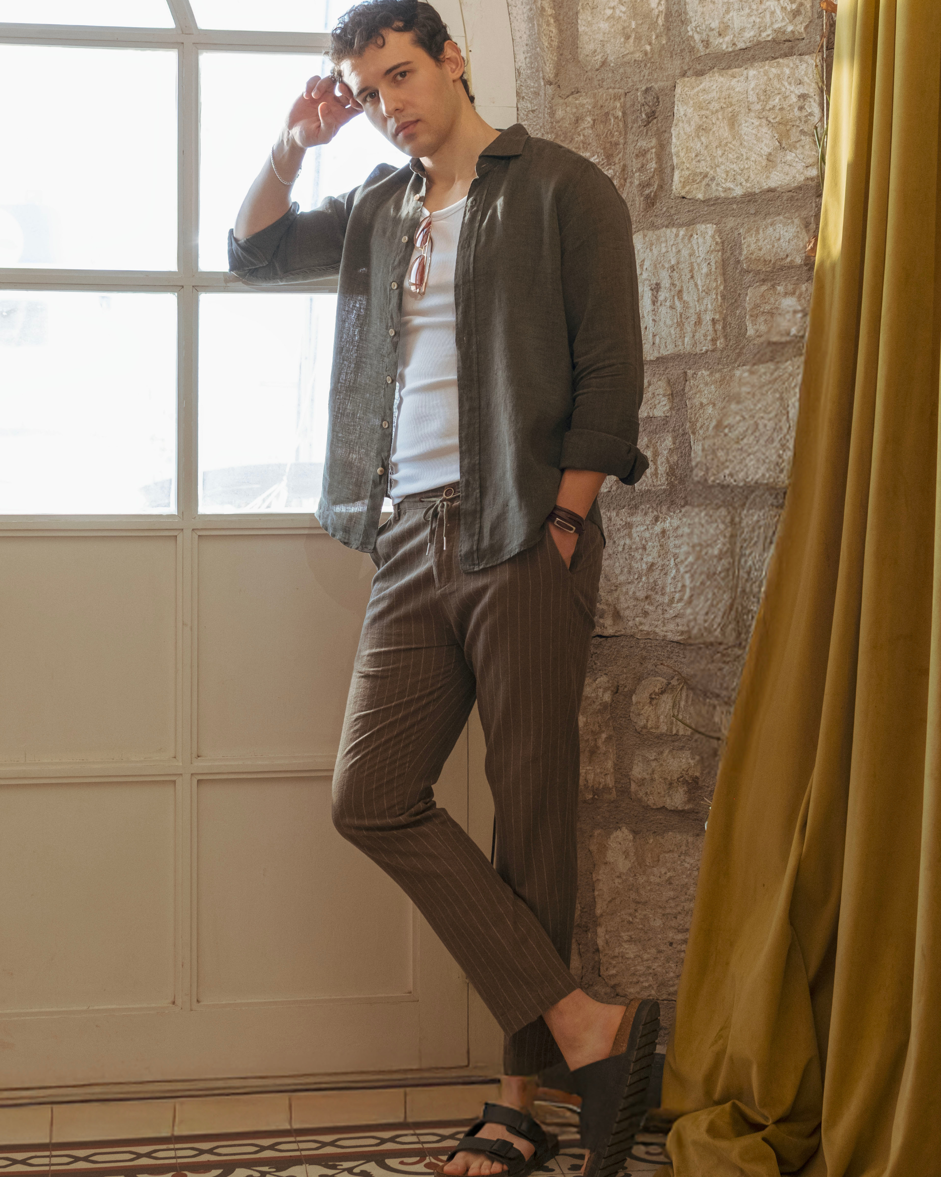 Khaki Green Striped Tapered Mens Linen Trousers Pants Slim Fit