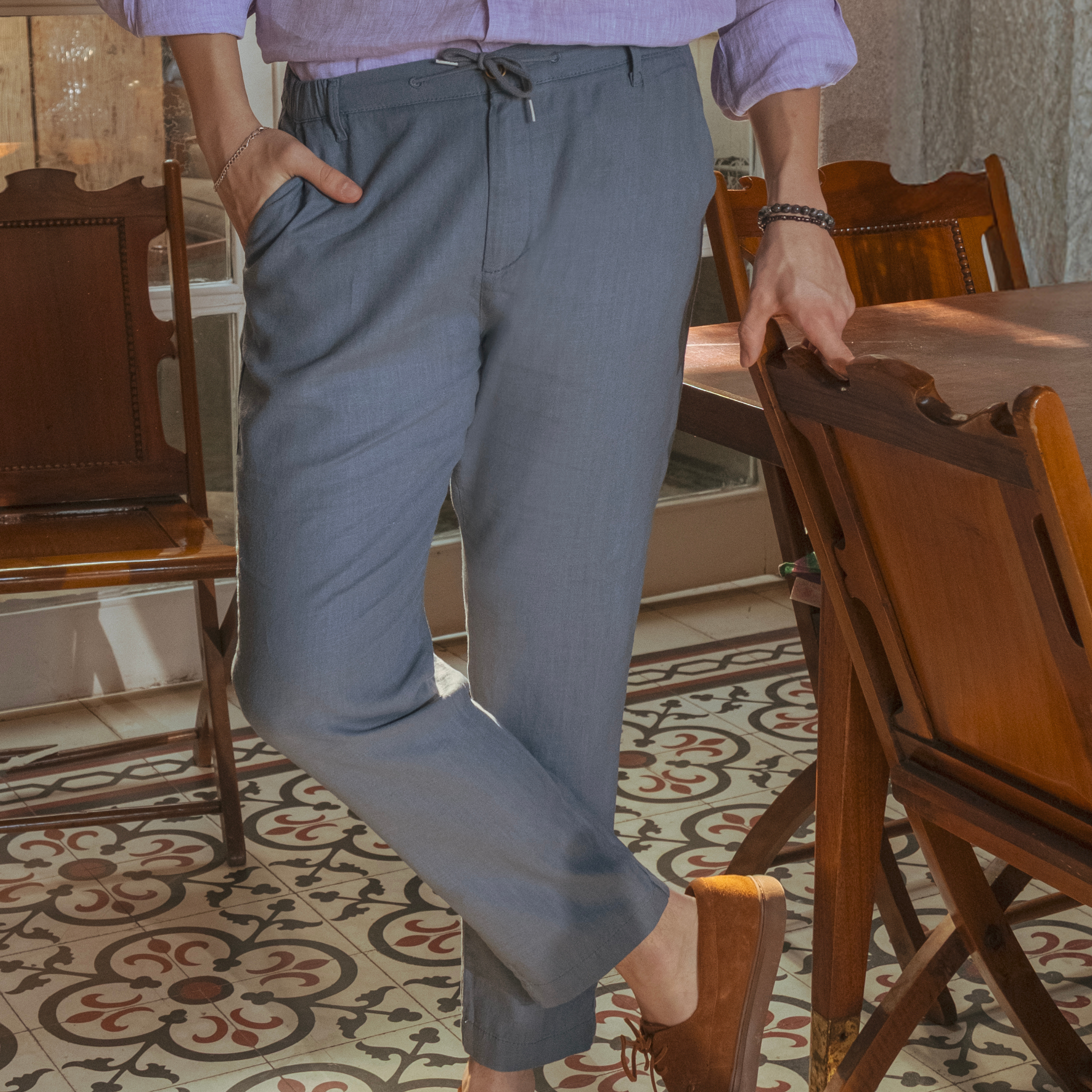 Deep Blue Relaxed Fit Linen Pants