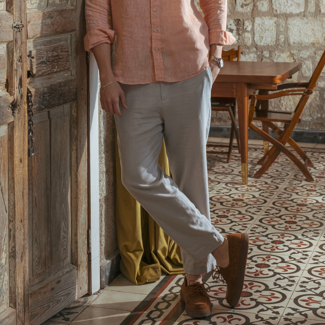 Light Gray Relaxed Fit Linen Pants – Drawstring Waist