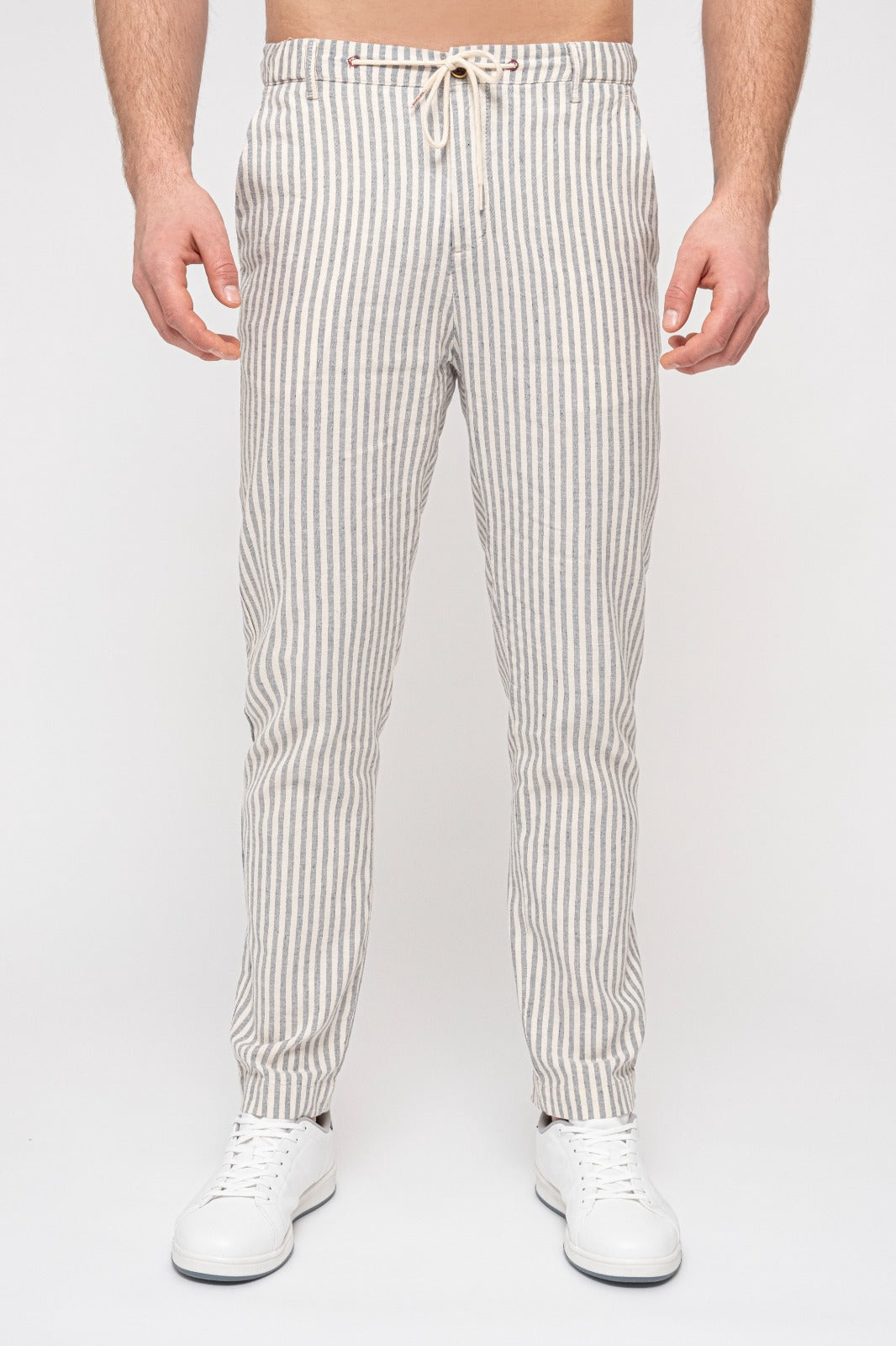 Blue Striped Mens Tapered Linen Pants Trousers Relaxed Fit