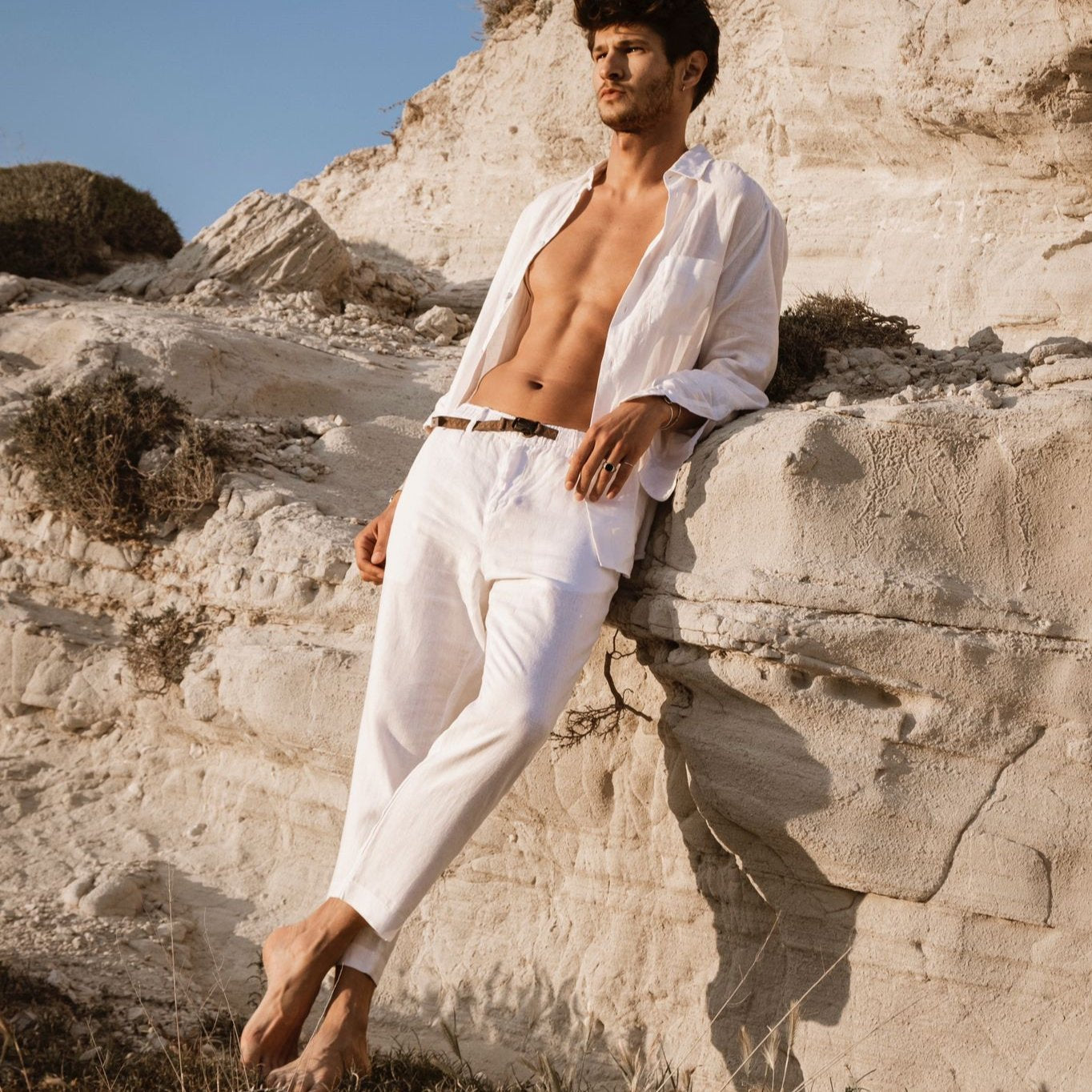White Mens 100 Linen Tapered Beach Pants Trousers Relaxed Fit