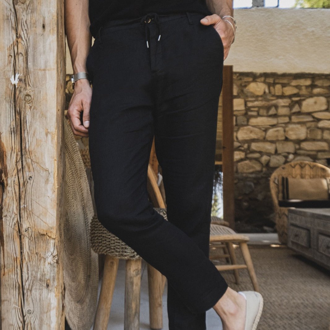 Mens Black 100 Linen Tapered Pants Relaxed Fit