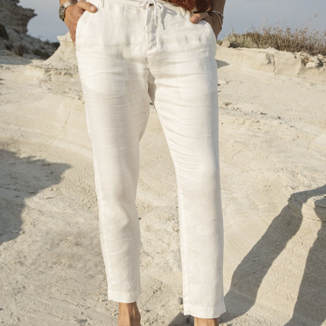 White Mens 100 Linen Beach Tapered Pants Trousers Relaxed Fit