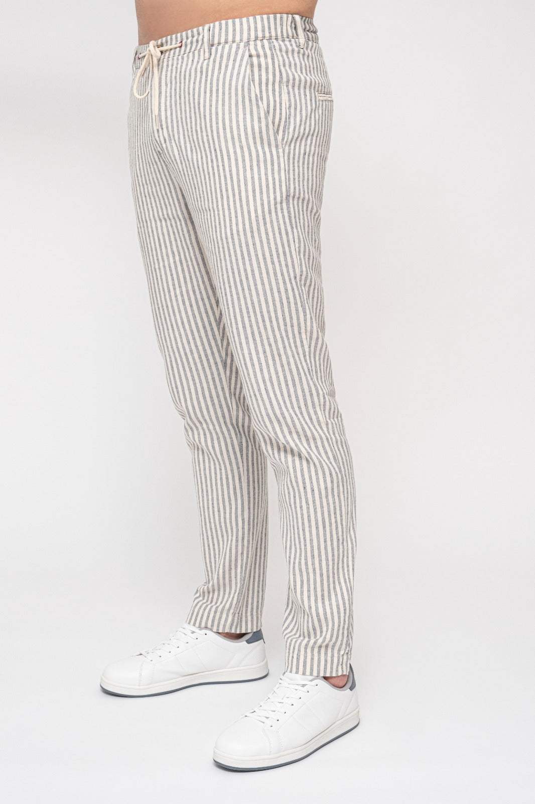Blue Striped Mens Tapered Linen Pants Trousers Relaxed Fit