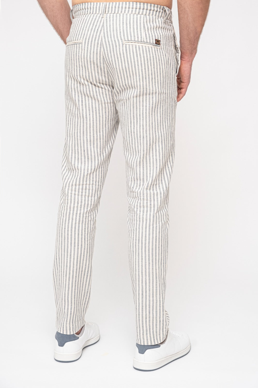 Blue Striped Mens Tapered Linen Pants Trousers Relaxed Fit