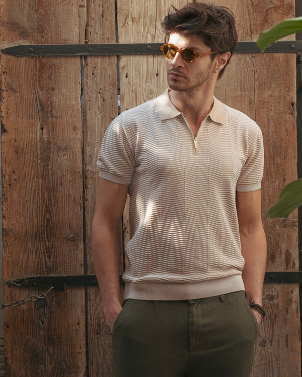 Beige Stripes Men's Polo Knit T-Shirt