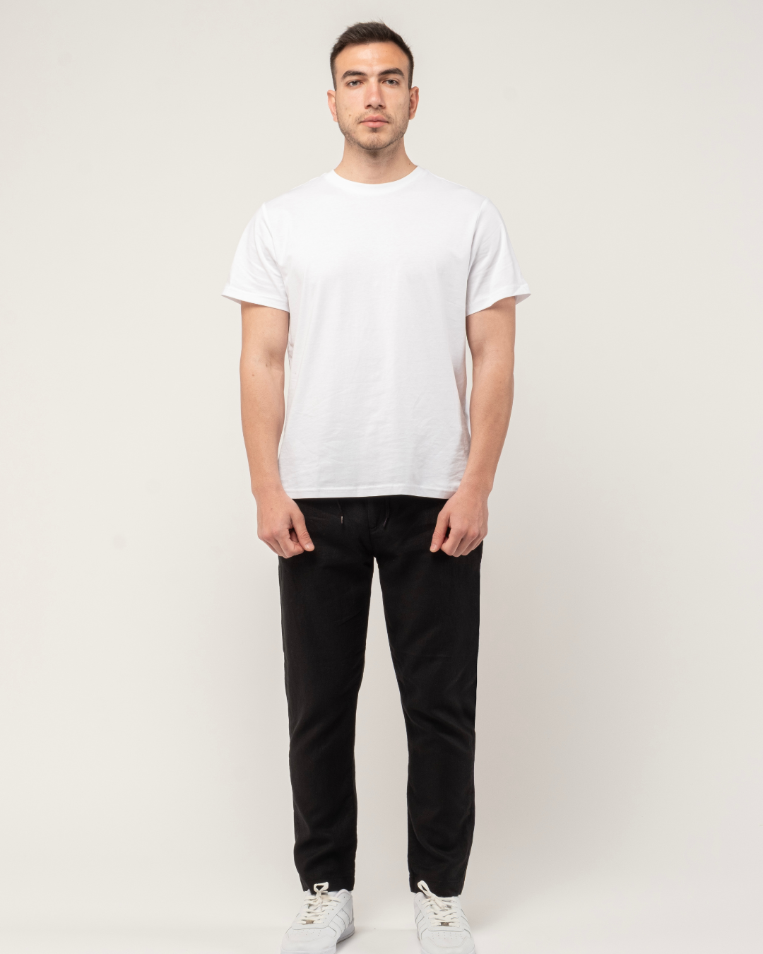 Mens Black 100 Linen Tapered Pants Slim Fit
