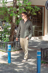 Men's Khaki Green Linen Shirt