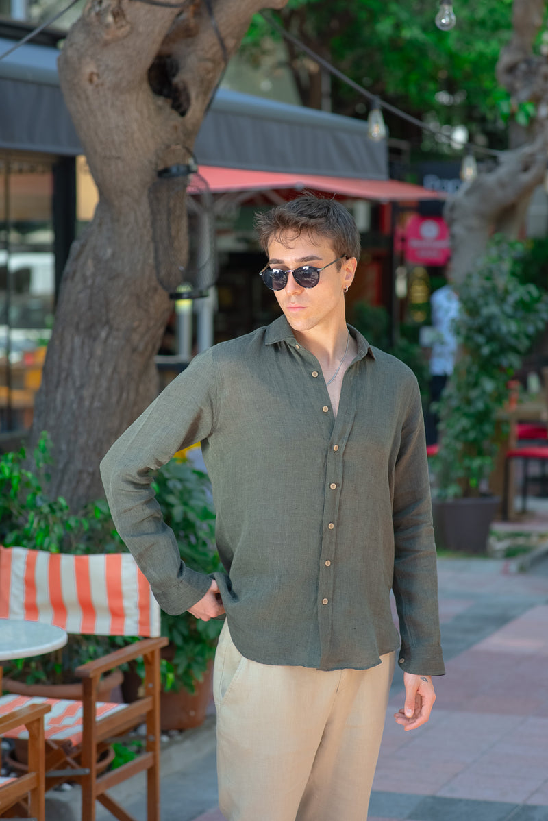 Men's Khaki Green Linen Shirt