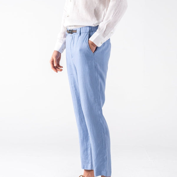 Mens Indigo Blue 100 Linen Pants Relaxed Fit