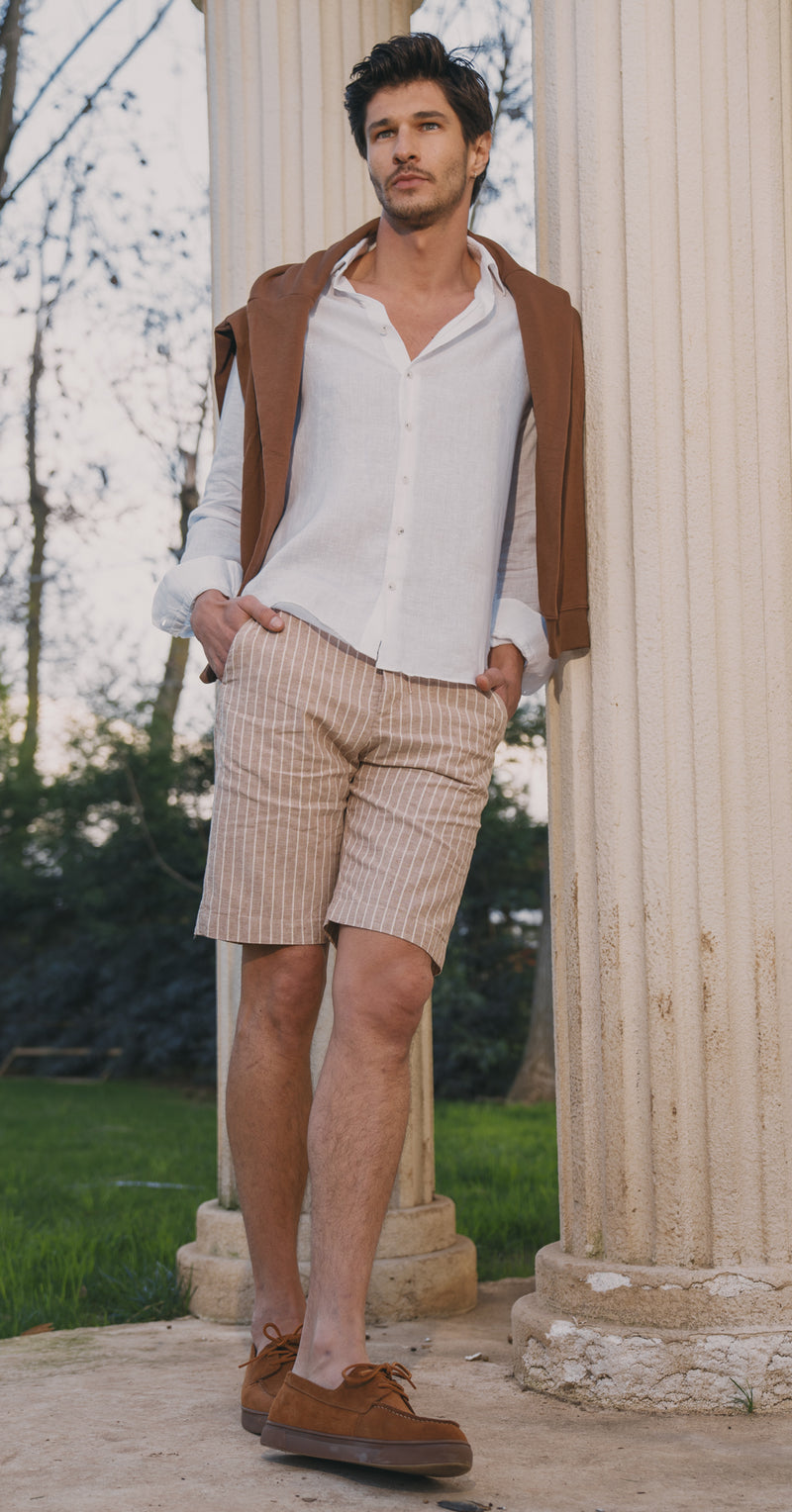 Men's Pale Terra Cotta Striped Linen Chino Shorts Slim Fit