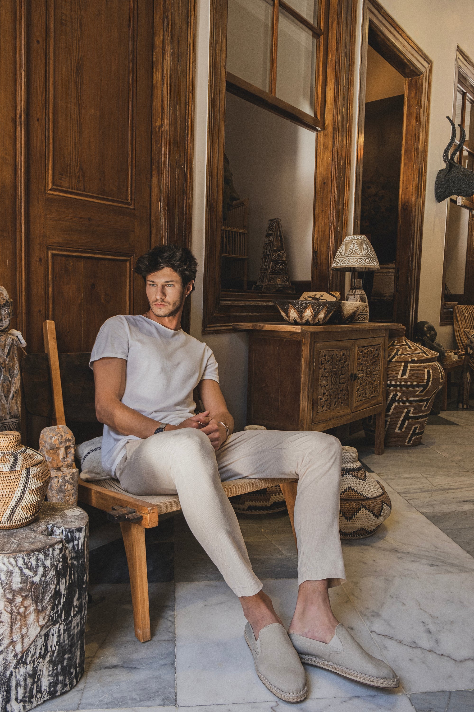 Beige Tapered Striped Mens Linen Trousers Pants Relaxed Fit Seersucker new cholp Cholp [focus_keyword]
