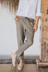 Mens Dark Olive Green 100 Linen Pants Tapered Relaxed Fit