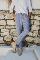 Mens Denim Patterned Navy Blue Tapered Linen Pants Relaxed Fit