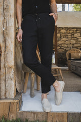 Mens Black 100 Linen Tapered Pants Relaxed Fit