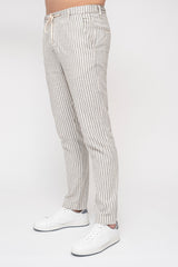 Blue Striped Mens Tapered Linen Pants Trousers Relaxed Fit 